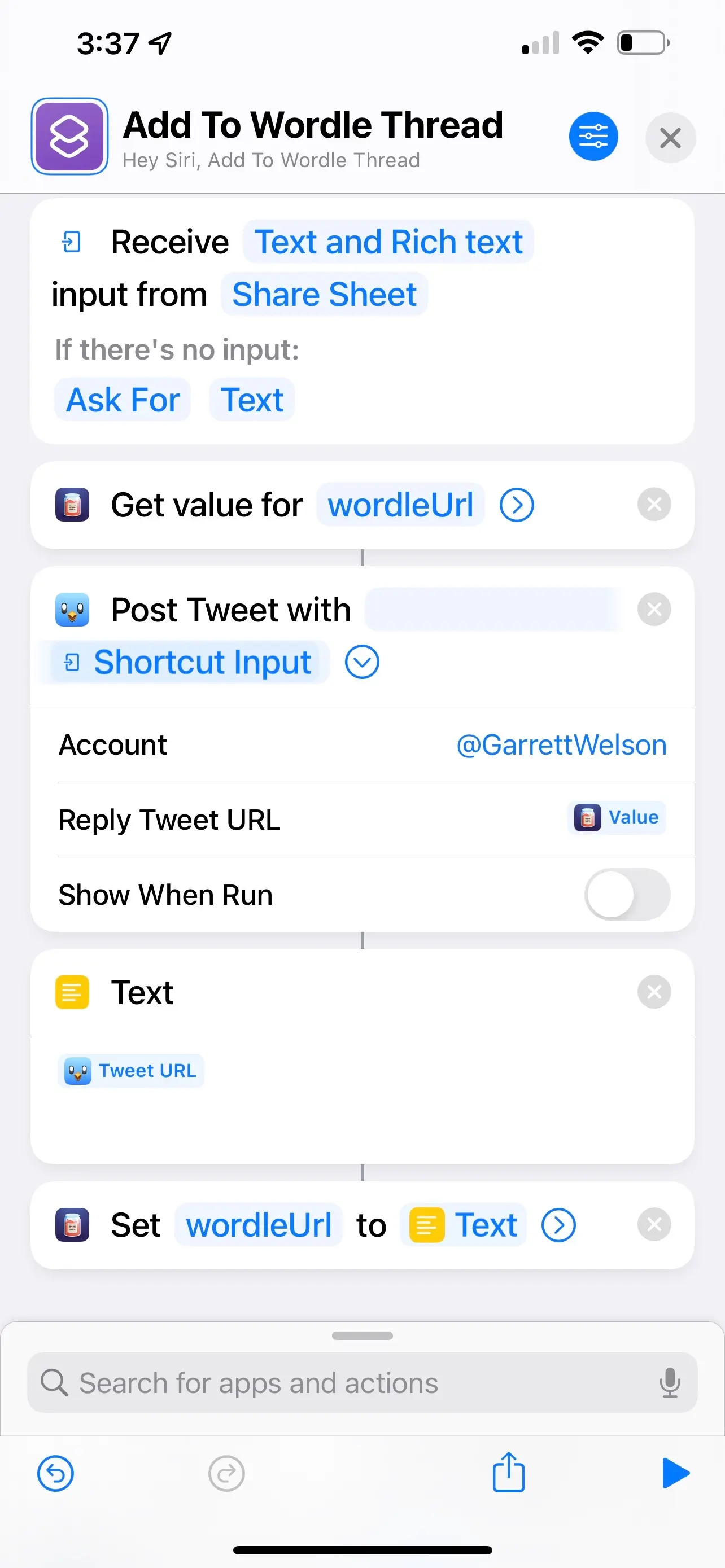 a screenshot of my Wordle shortcut